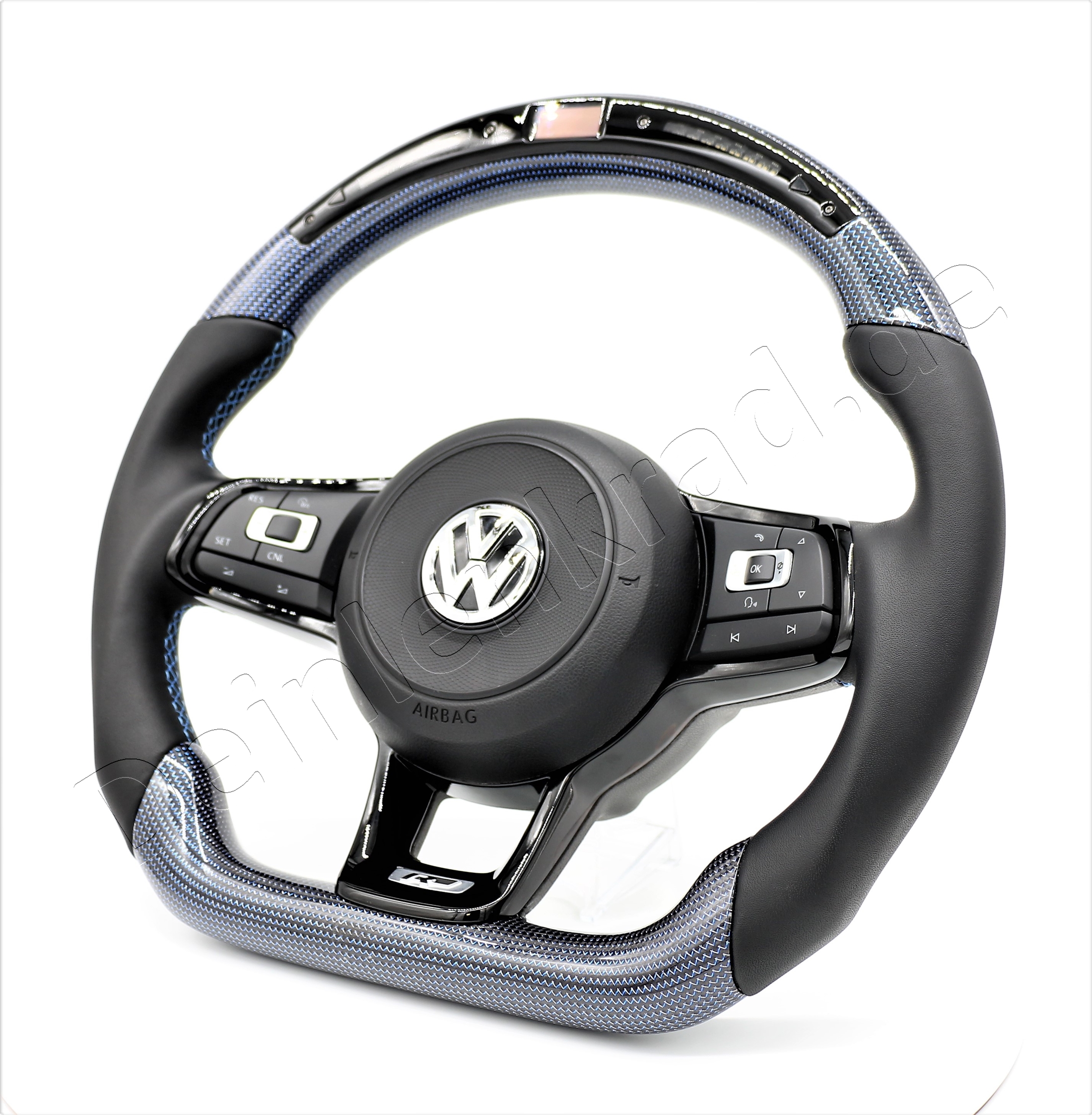 blue leather steering wheel